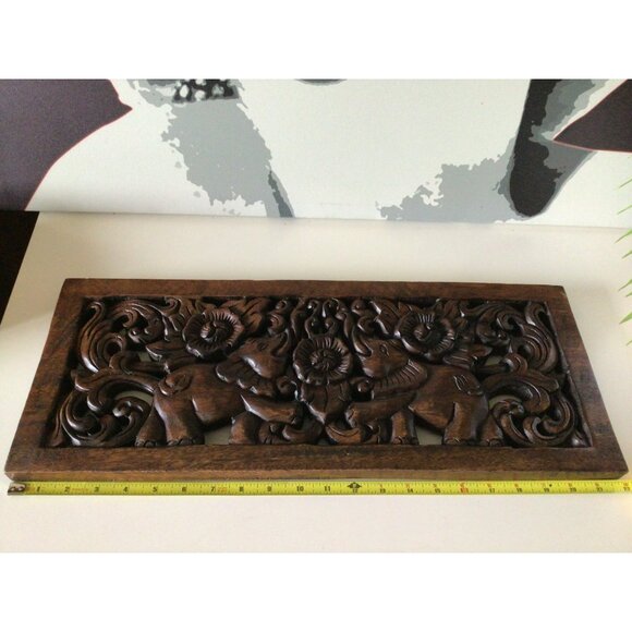 Vintage Ornate Hand Carved Wooden Elephant Floral Wall Panel Made in Thailand - Picture 14 of 16